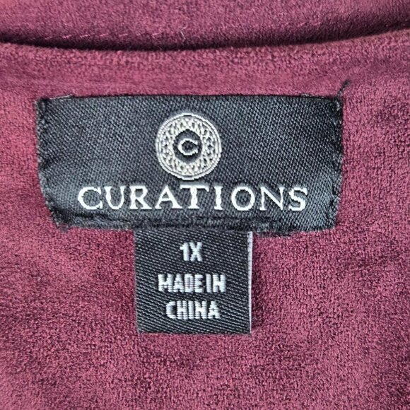 Curations Size 1X Burgundy Floral Embroidered Long Open Front Blazer Faux Suede - Picture 10 of 12